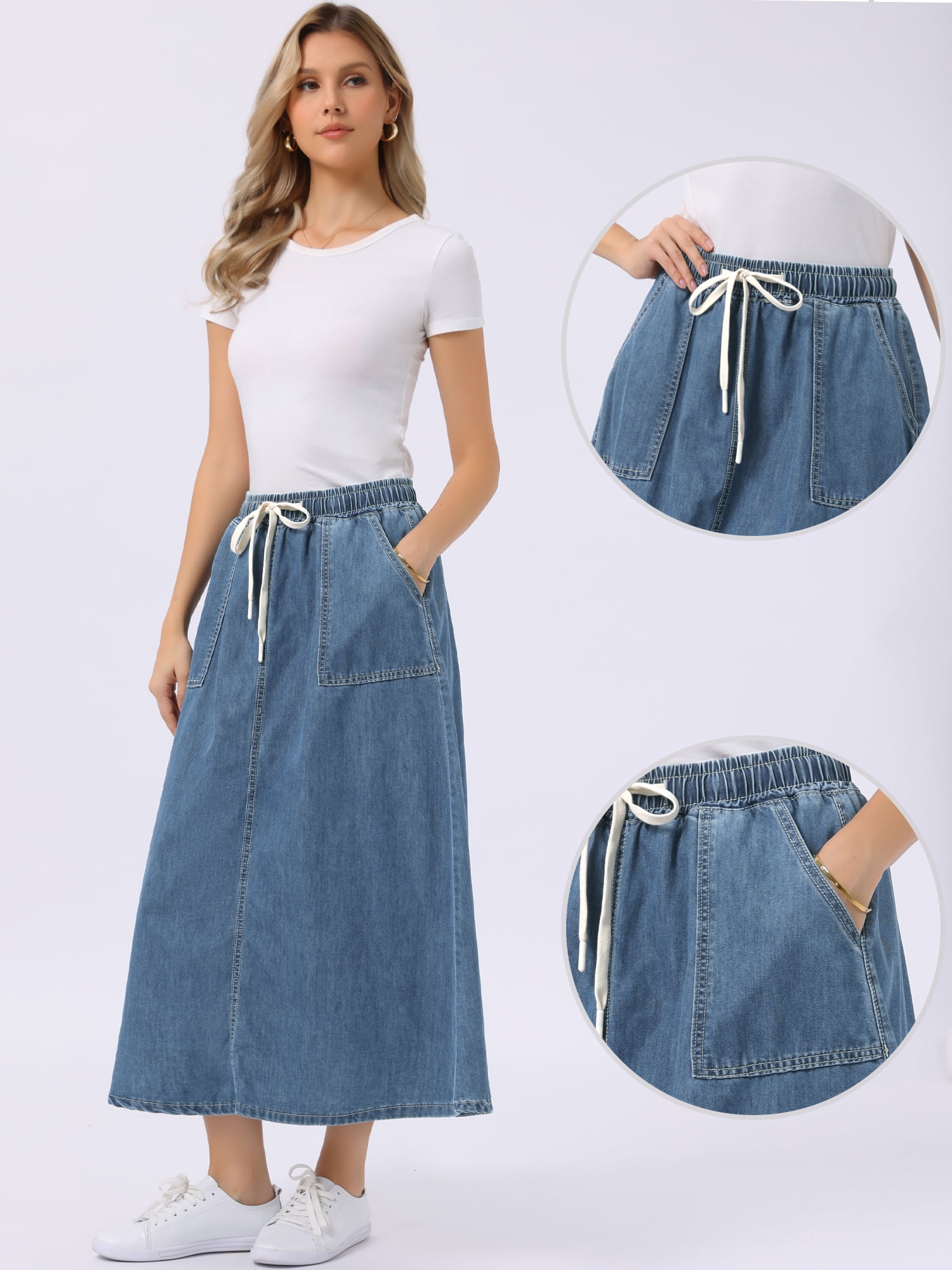 DARING DIVA Women's Elastic Waist A Line Long Jean Skirts L Blue