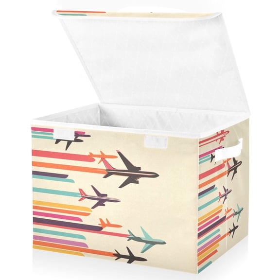 Yayeee Collapsible Cube Storage Bin with Lid Fabric Closet Decorative Basket with Handles, Flying Planes
