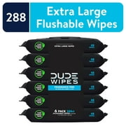 DUDE Wipes Unscented XL Flushable Wipes, 6 Flip-Top Packs, 48 Wipes per Pack, 288 Total Wipes