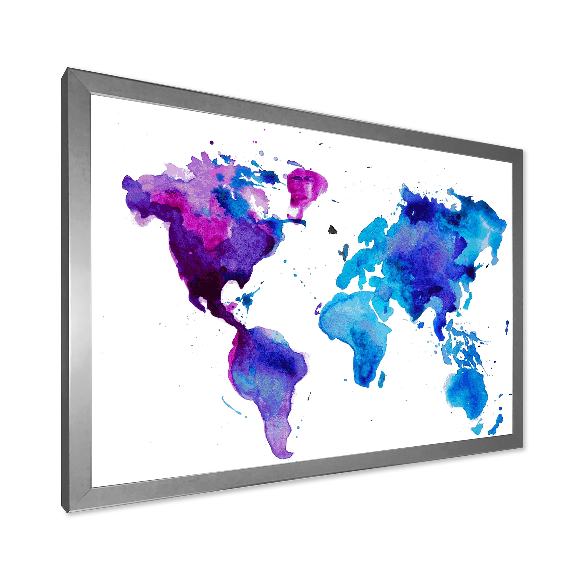 Designart 'Blue and Purple Map Of The World' Modern Framed Art Print