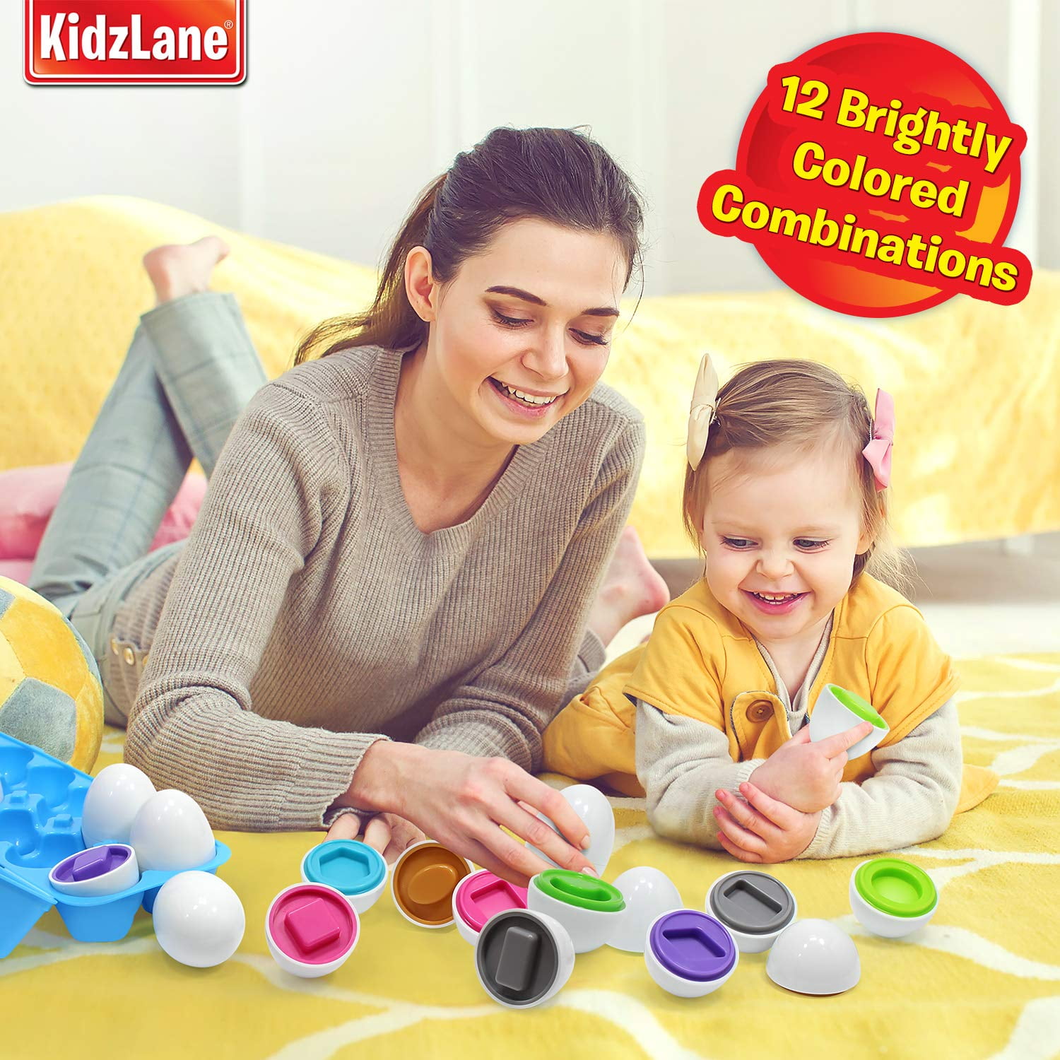 Kidzlane Sorting Matching Educational Egg Toy Teach Colors Shapes Fine Motor Skills 12 Sturdy Eggs in Plastic Carton 100 Toddler Child Safe 18M Walmart