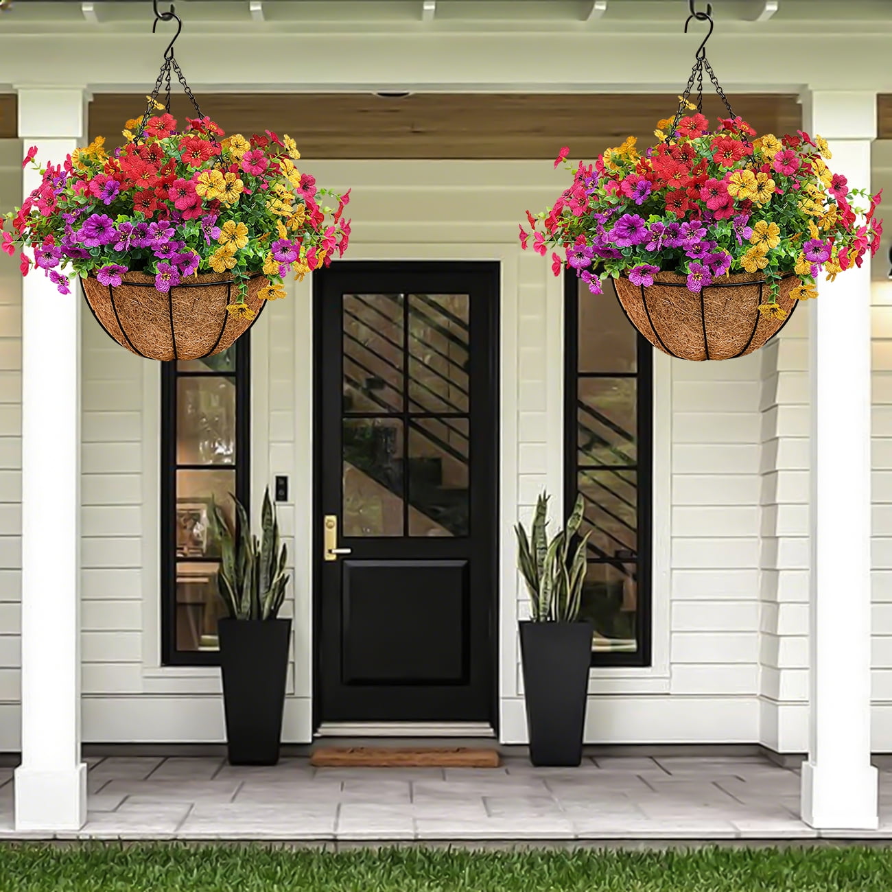 2 Sets of Artificial Hanging Baskets, 24 Simulated Flowers, with Metal Coconut Baskets, Suitable for Outdoor Spring and Summer Courtyard Decoration
