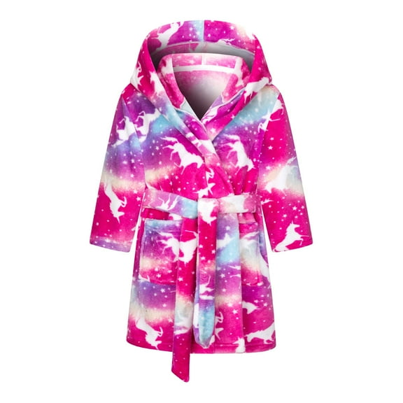 Girls Fleece Hooded Robes, 2-12 Years Warm Cartoon Printed Bath Robe for Kids Soft Fuzzy Bathrobe for Gifts
