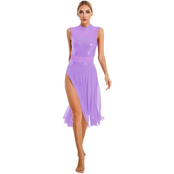 CHICTRY Womens Contemporary Lyrical Dance Dress Sequins Backless Sheer Mesh Leotard Maxi Dresses Dancewear