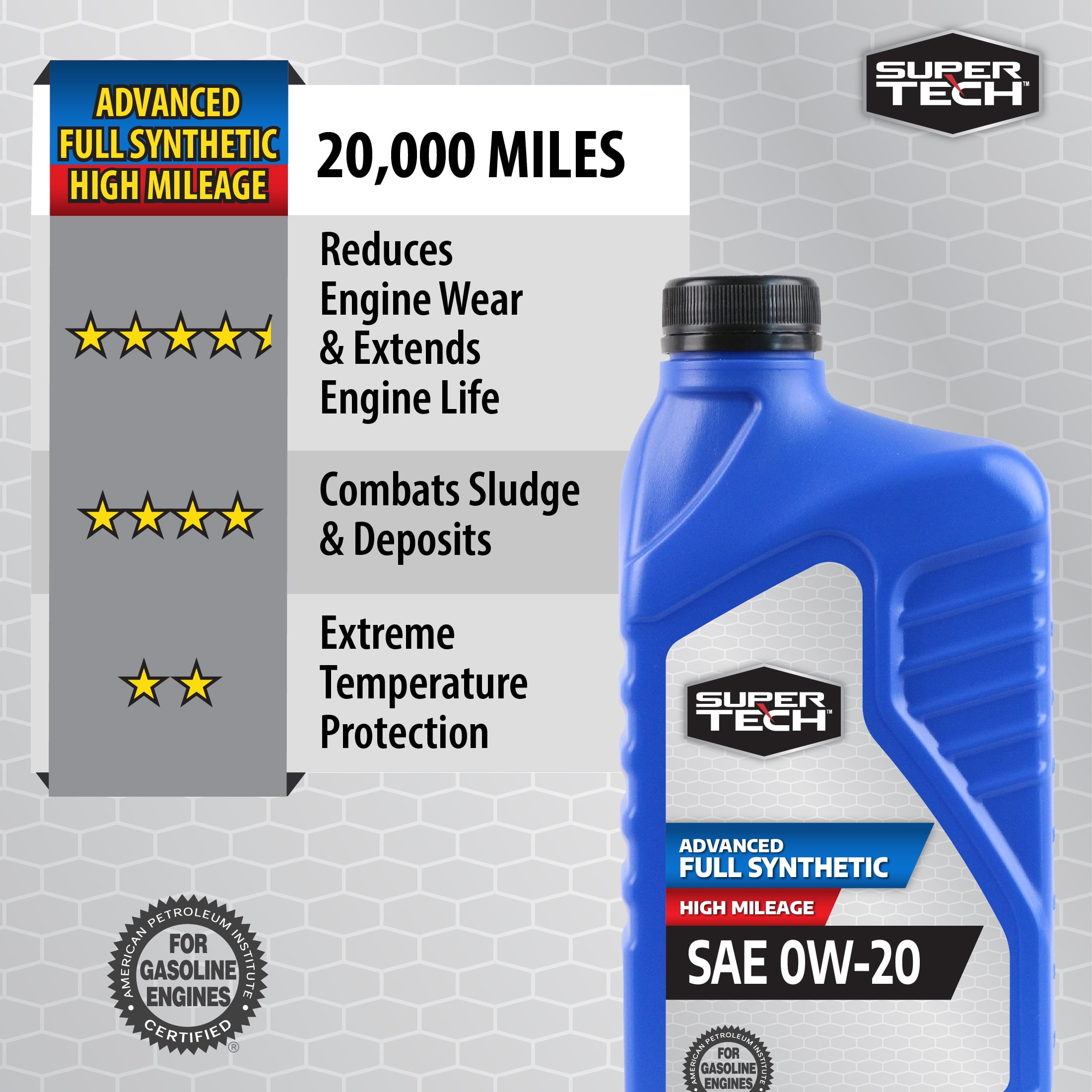 (4 pack) Super Tech Advanced SAE 0W-20 High Mileage Full Synthetic Motor Oil 1 Quart