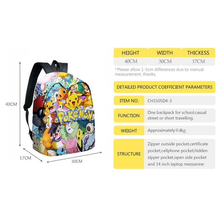 Unisex 15.7″ Pokemon Pikachu Backpack Cartoon Kawaii Schoolbag ...