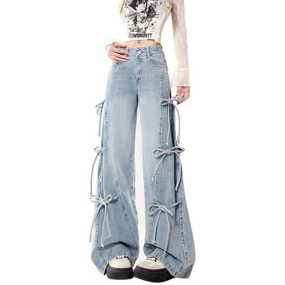 Women's Jeans - Fashionable Women's Wide Leg Denim Pants with Bow Tie Loose Fit Long Trousers for Autumn Style Soft Cropped Jeans,Color:Blue,Size:XL