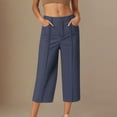 thumbnail image 2 of FRSASU Women's Pants Casual Solid Color Button Elastic Waist Fashion Loose Cropped Pants with Pockets Navy, 2 of 6