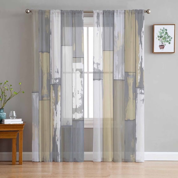 Yellow Gray Sheer Curtains 63 Inches Length 2 Panels Set, Window Sheer Curtains for Living Room/Bedroom, Rustic Vintage Shabby Mottled Wood Grain Light Filtering Rod Pocket Curtain 52'' x 63'' x 2
