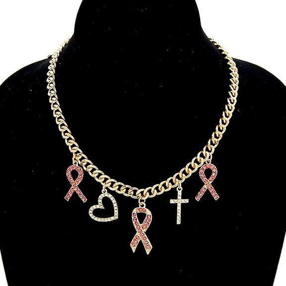 Pink Ribbon Heart Cross Charm Chain Necklace - Gold-Pink