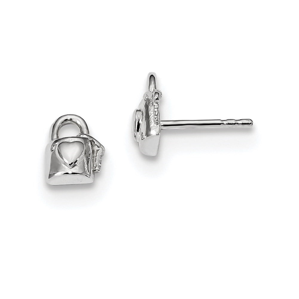 Auriga Fine Jewelry 925 Sterling Silver Lock w/Heart and Key Stud Earrings (L- 7.5mm, W- 5.8mm) for Women
