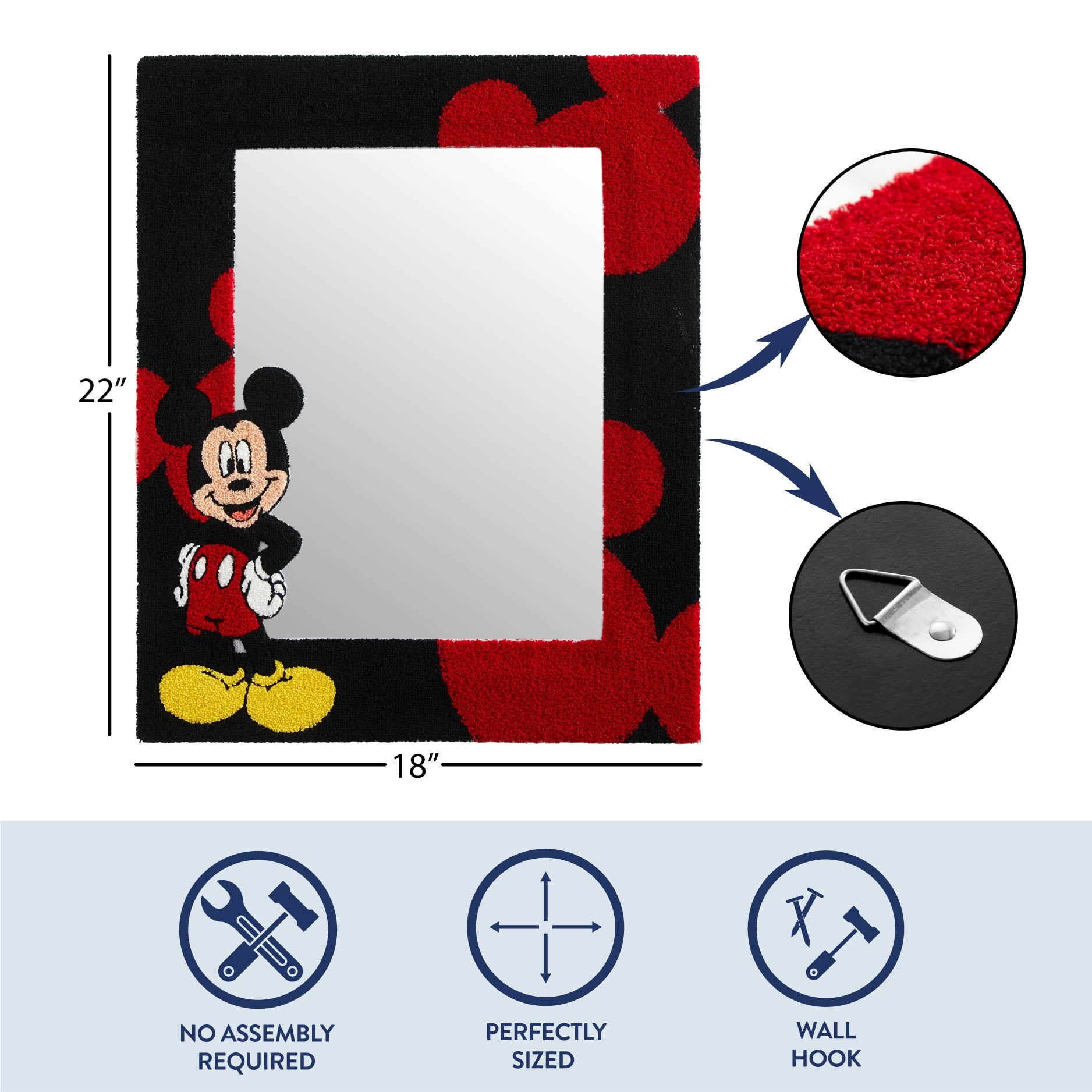 Disney Wall Mirror, Mickey Mouse Tufted Design, 18" x 22", for Kids and Teens