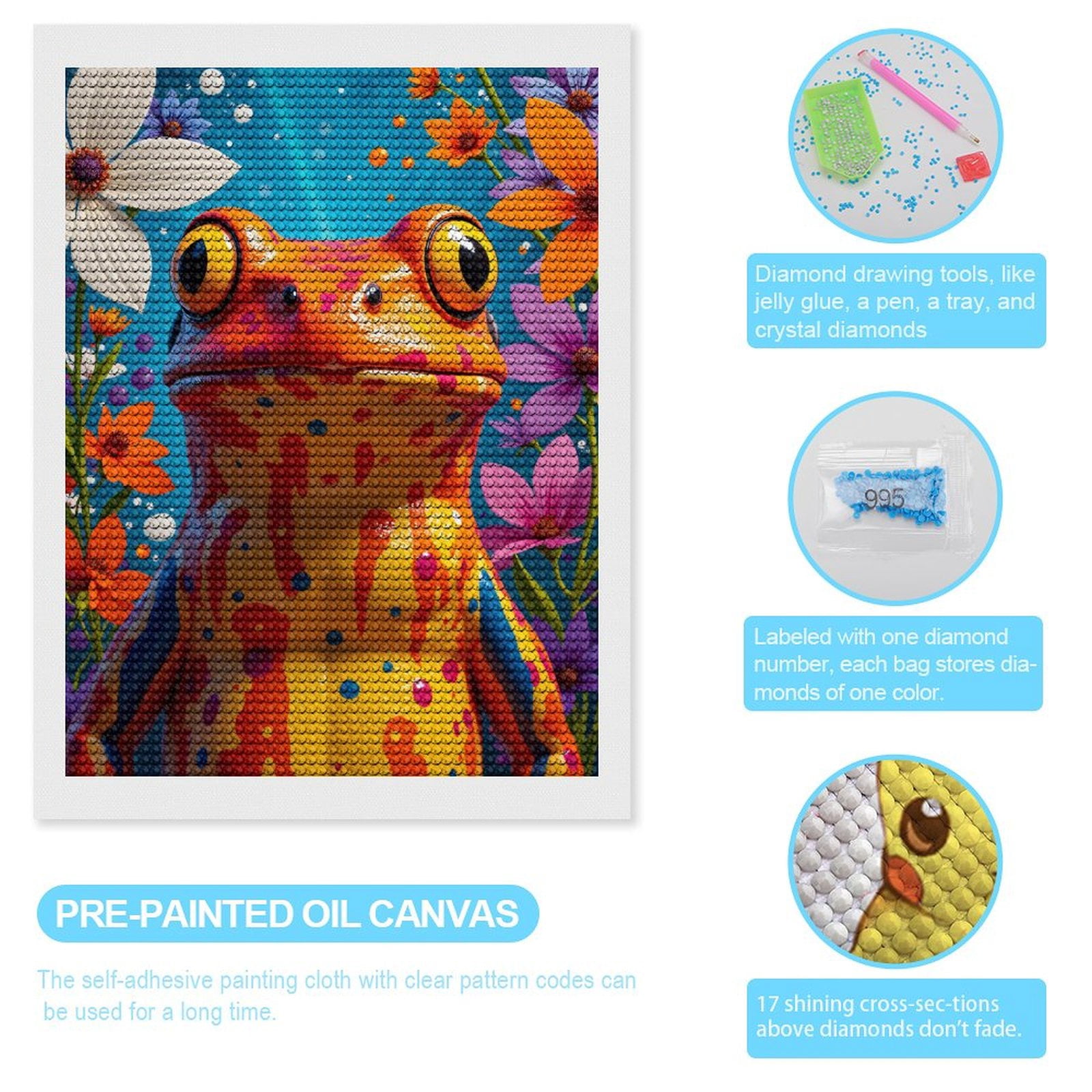 Diamond Art Kits for Adults, Colorful Frog Surrounded By Flowers 5D Diamond Painting Kits for Adults Beginners, DIY Full Drill Diamond Painting, Gem Art and Crafts 12x16
