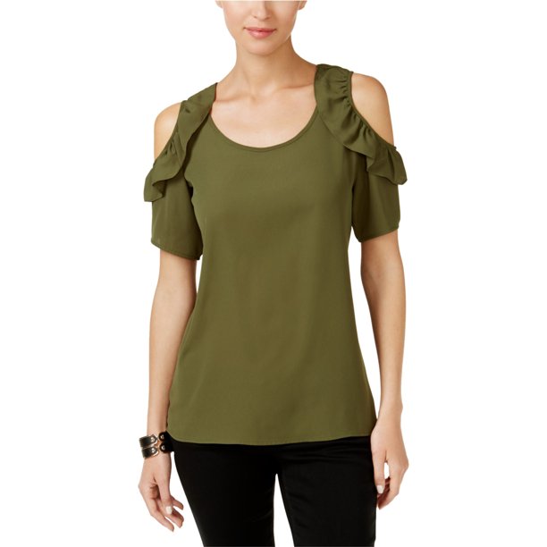 NY Collection Blusa de punto con volantes para mujer, verde, grande