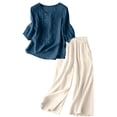 thumbnail image 4 of Linen Sets for Women Cute Summer Flowy Matching Suit Boho Flowy Embroidered Tops Wide Leg Pants Casual Sets, 4 of 6