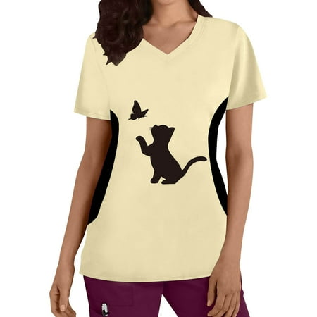 

Women Cats Printed Scrubs Top Plus Size Top V-Neck Short Sleeve Working Uniform Nurses Clothing Workwear Blouse Simple Clothing