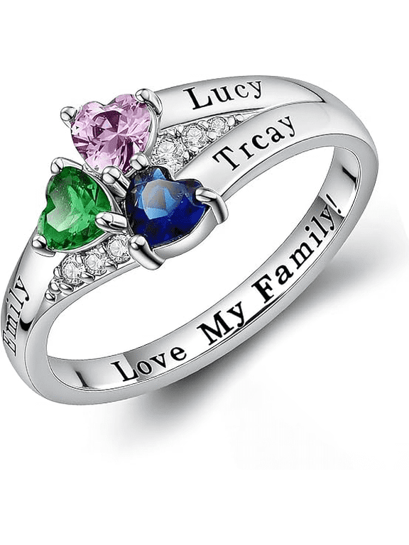 Personalized Birthstone Ring for Women - Custom 2 Heart Birthstone Rings for Mom Custom Engraved Name Jewelry Promise Rings for Mother's Day & Valentine's Day (Style 2)