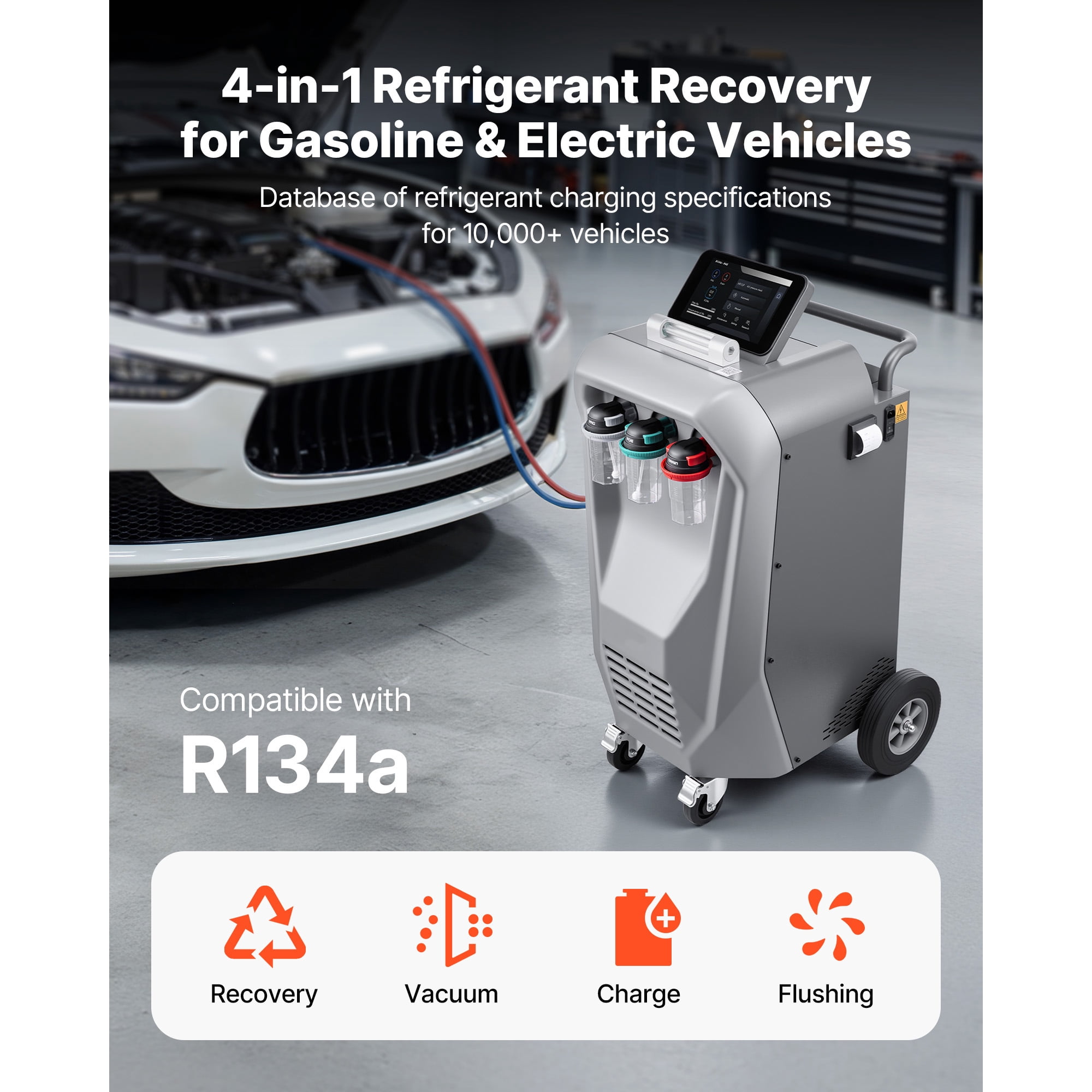 KFFKFF Fully Automatic Refrigerant Recovery Machine for R134a, High Accuracy, 10.1-Inch Touch Screen, AC Recovery, Vacuum, Recharging, and Flushing for Automotive A/C Systems