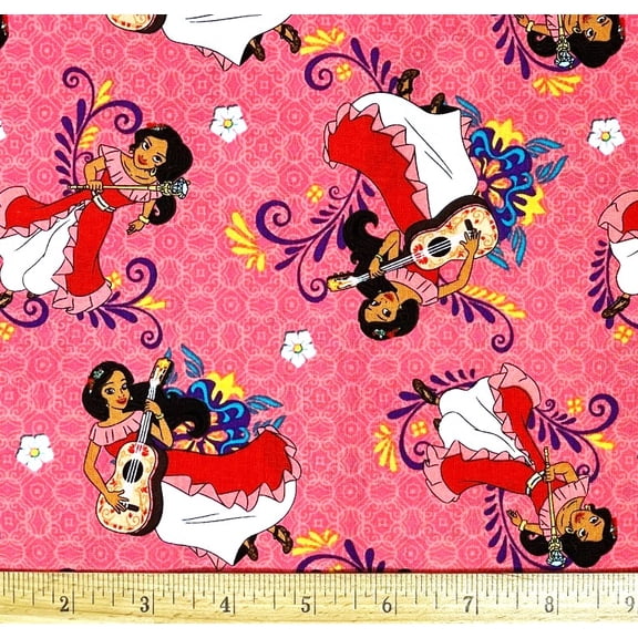 1 Fat Quarter - Disney Elena of Avalor Princess on Coral Pink Cotton Fabric - 21" X 18"