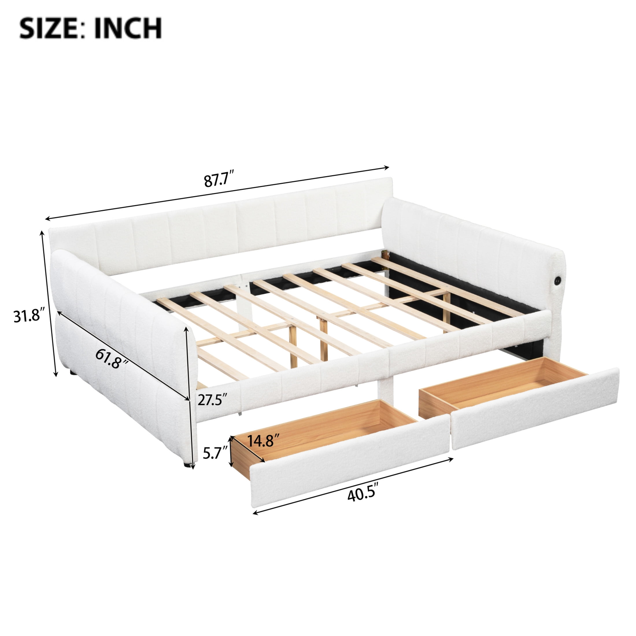 Noble House Alver Queen Upholstered Platform Bed, Luxurious Lambswool Frame with USB Ports and 2 Drawers, White