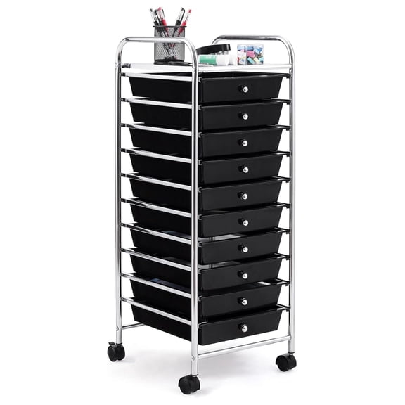 10-Drawer Rolling Storage Cart, Multipurpose Utility Cart Mobile Cart w/Drawers & Wheels, Home Office School Tools Scrapbook Paper Organizer (Black)