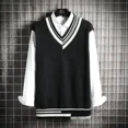 thumbnail image 4 of Ropa de hombre Chaleco verde Suéter de punto retro japonés Chaleco de retazos sin mangas con cuello en V para hombre Ropa de otoño coreana para la calle A, 4 of 4