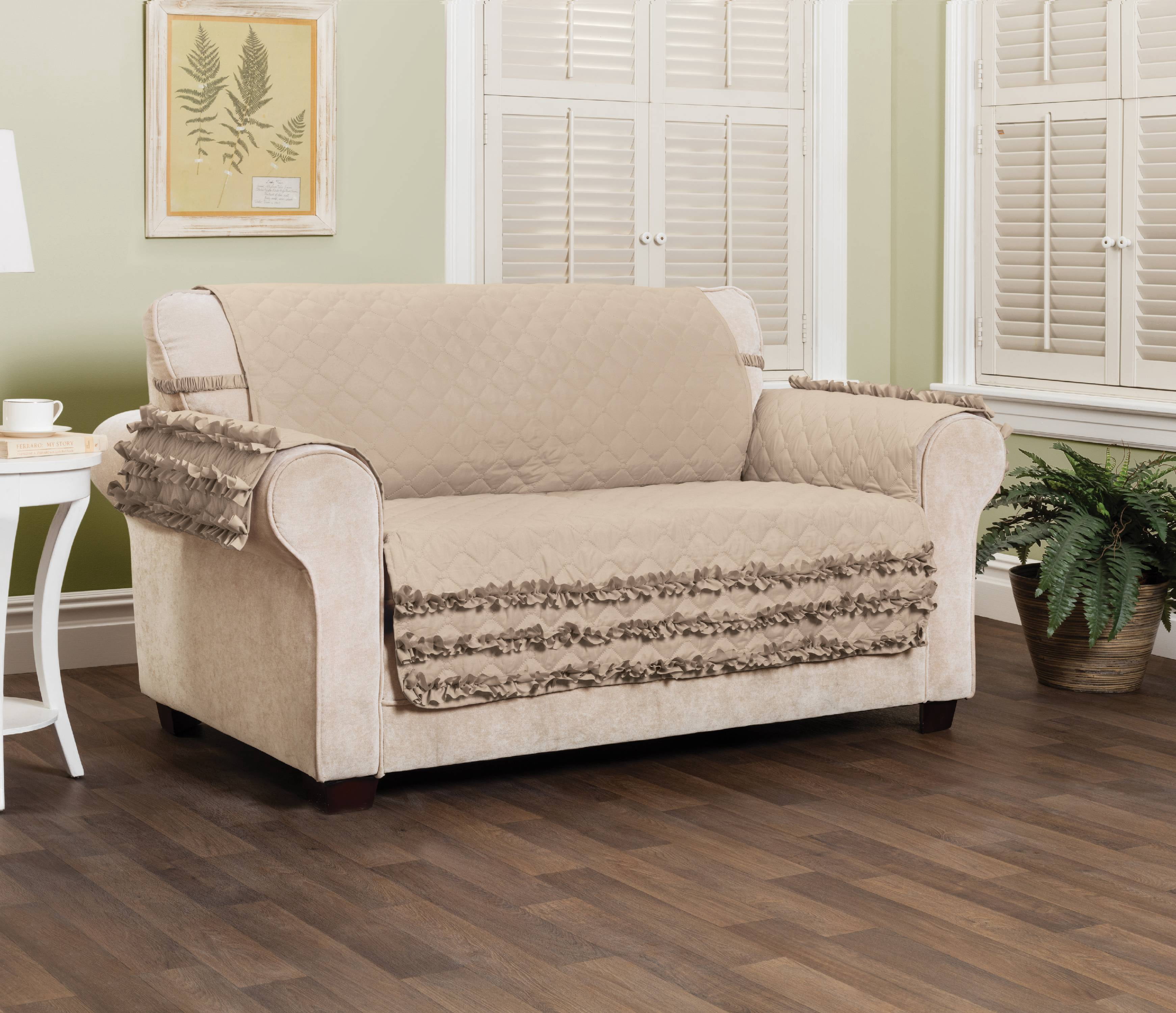 Innovative Textile Solutions 1-Piece Claremont Ruffled Loveseat Furniture Cover, Natural