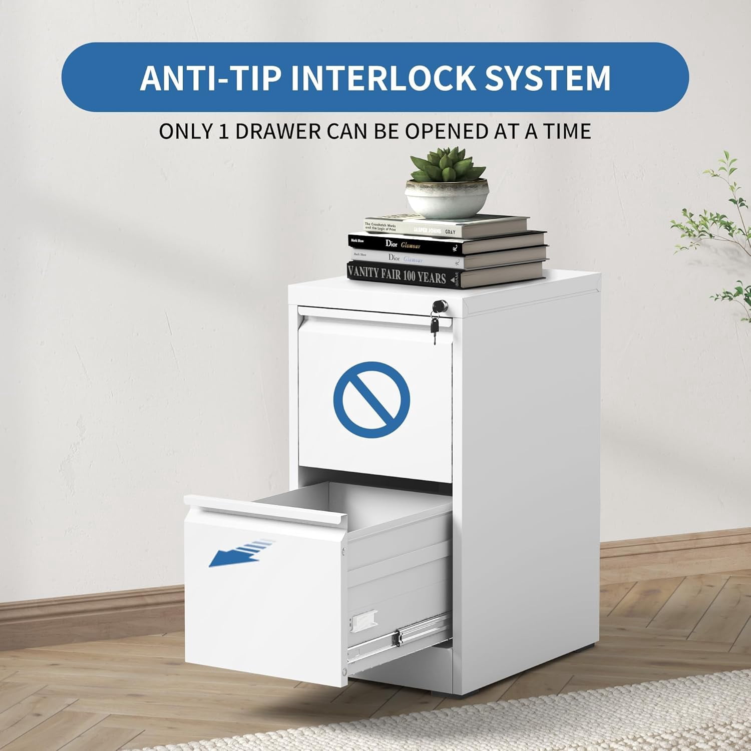 BIZOEIRON 2 Drawer Metal File Cabinet with Lock, Vertical Filing Cabinet for Hanging Legal/Letter Size Files, White