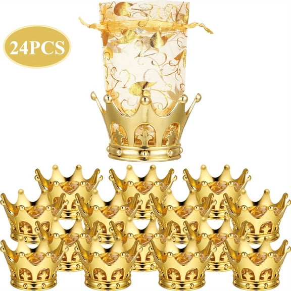 24Pcs Fillable Golden Crown Candy Bags, Elegant Crown Gift Boxes With Drawstring Pouch, Party Favors For Wedding Baby Shower Birthday, Decorative Storage Bags For Candy Chocolate Dessert