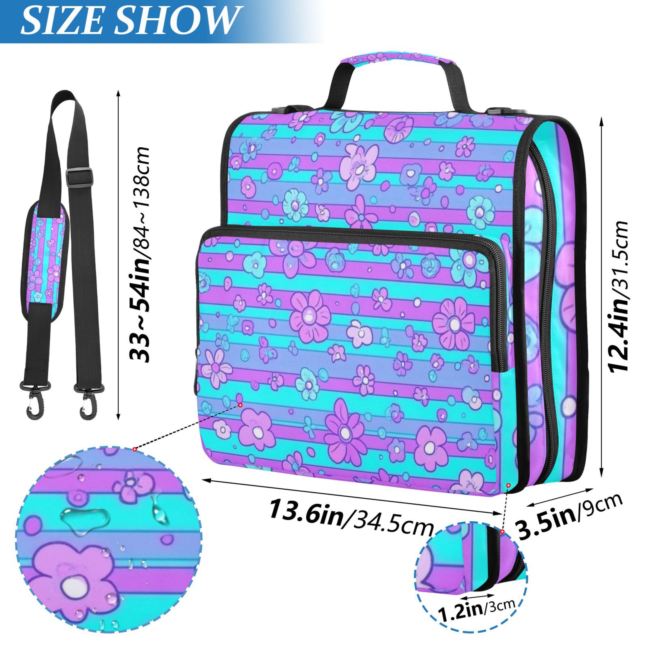 3 Ring Zipper Binder with Shoulder Strap Waterproof Trapper Keeper 2 Inch D-Ring 500 Sheets Capacity Blue Pink Stripes with Flowers