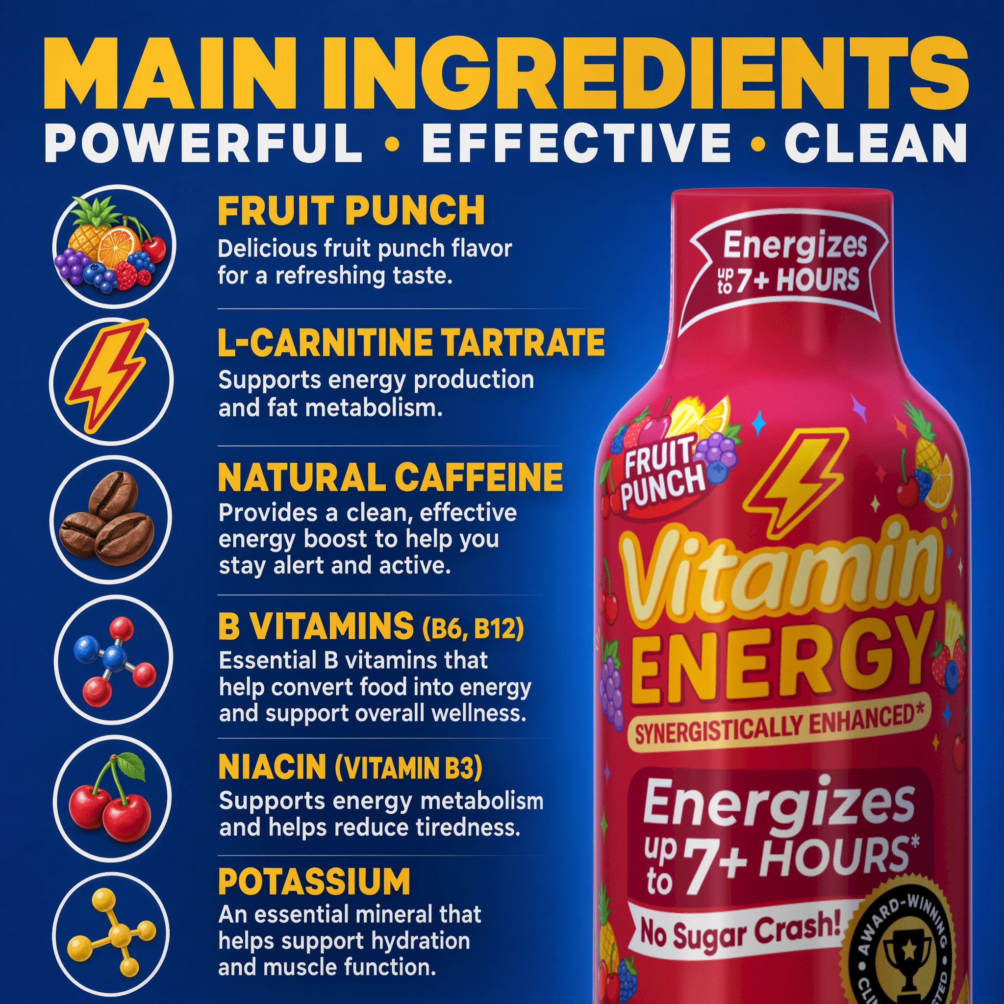 Vitamin Energy Focus+ Extra Strength Shot, Fruit Punch, 12 Pack – 260mg Natural Caffeine, CoQ10 & B-Vitamins, Zero Sugar, 1.93 fl oz