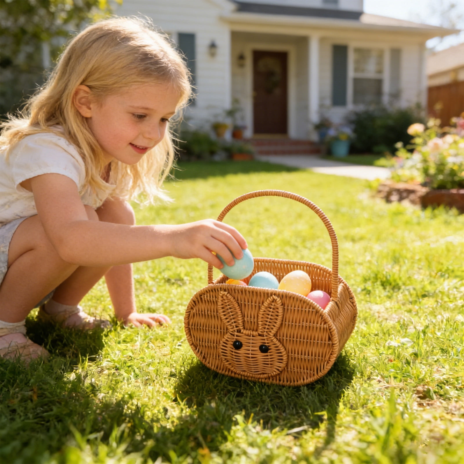 Zeyigg Handwoven Oval Bunny Storage Basket, Rattan Picnic Basket with Handles for Easter Egg Gathering, Outdoor Picnics, and Home Organization,color