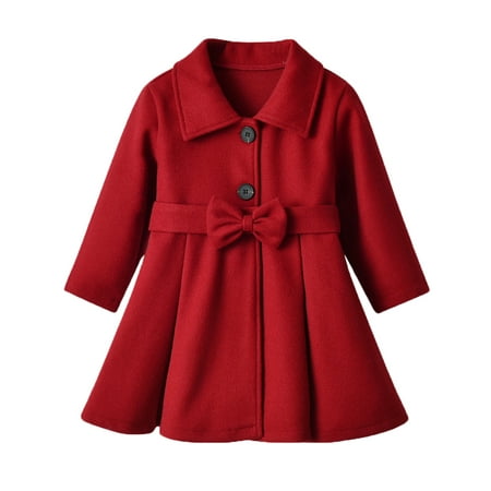

TAIAOJING Kids Girls Cute Jacket Toddler Winter Long Sleeve Warm Woollen Coat Jacket Solid Color Red Bow Tie For Babys Clothes 12-18 Months