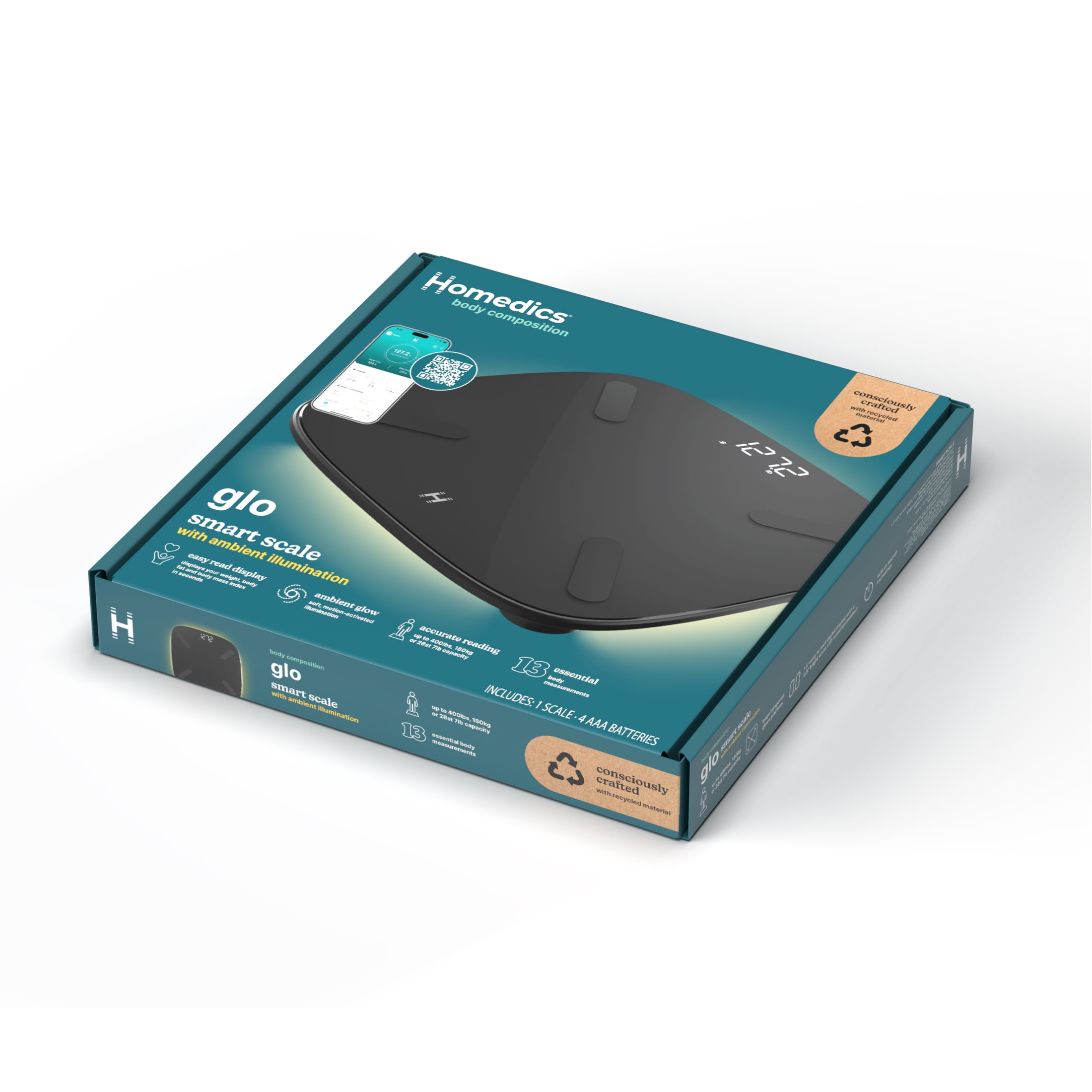 Homedics Smart Glo, Digital Bathroom Scale, Motion-Sensing Ambient Center Illumination, Sleek Tempered Glass, High-Precision Weight Measurement Up to 400 lbs, Sustainable Design, Bluetooth, Black
