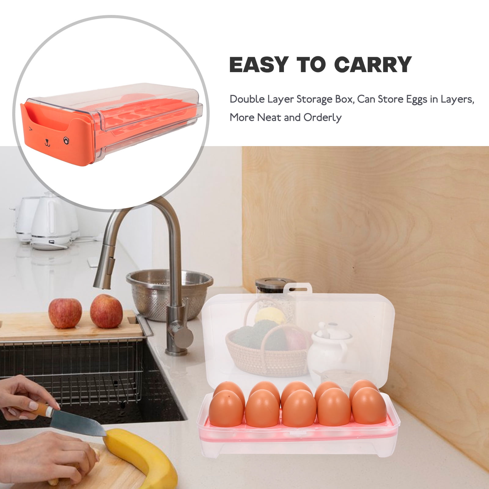 FRCOLOR Transparent Stackable Egg Holder for Fridge with Drawer Access Durable Reusable Plastic Orange 18 Count