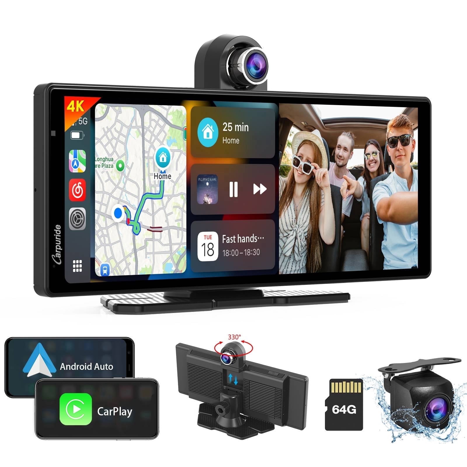 Carpuride Wireless Carplay Android Auto with 4K Front Dash Cam 1080P Rear Cam,10.26" HD IPS Touch