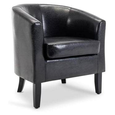 Living Room Chair, Faux Leather Round Accent Barrel Chair, Club Tub Sofa Chair for Bedroom, Corner Chair with Flared Legs and Cozy Soft Padding - Highland (Black) 1 Chair