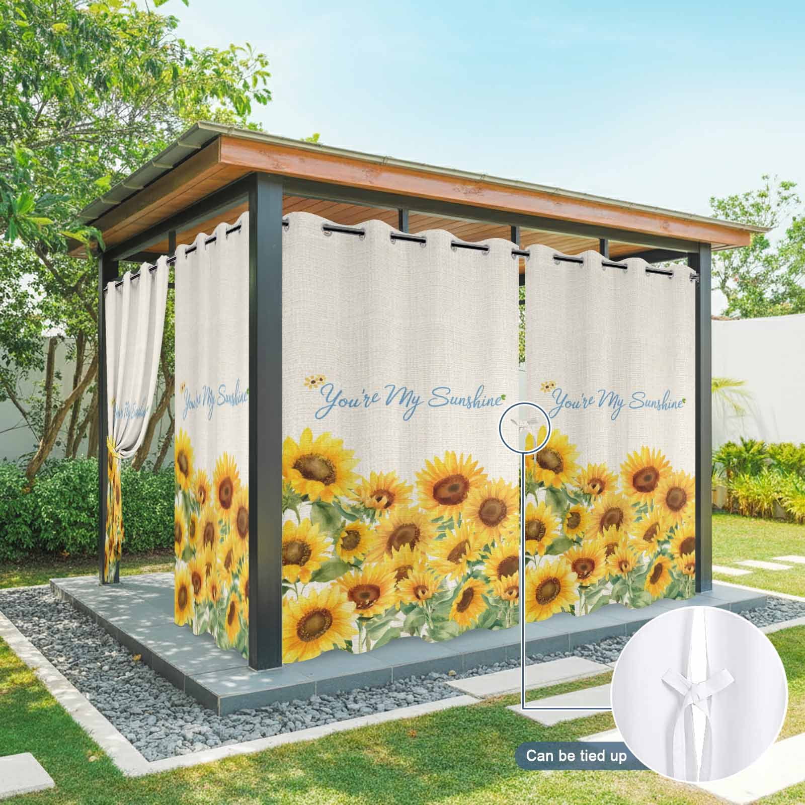 Summer Flowers Outdoor Curtains for Patio, Watercolor Sunflower Letter Print Green Leaf Waterproof Outside Curtains Privacy Blackout Curtain for Porch Pergola Cabana, 1 Panel 54W x 95L Inch