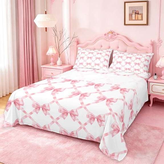 Manfei Watercolor Bow Full Size Sheets For Girls,Pink Ribbon Bowknot Bed Sheets For Kids,4 Pieces
