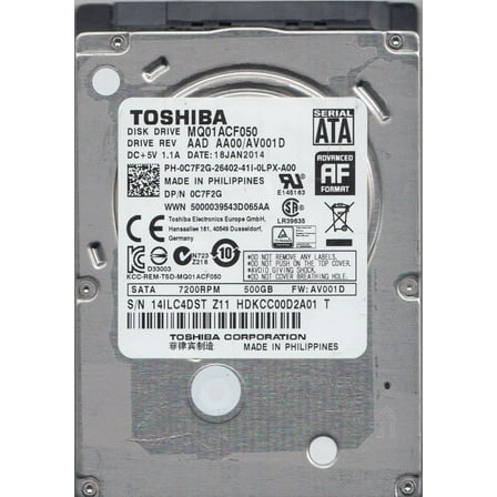 MQ01ACF050, AA00/AV001D, HDKCC00D2A01 T, Toshiba 500GB SATA 2.5 Hard Drive