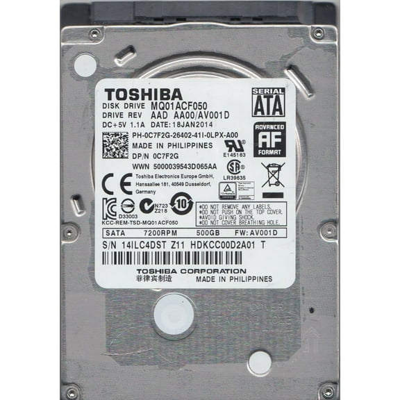 MQ01ACF050, AA00/AV001D, HDKCC00D2A01 T, Toshiba 500GB SATA 2.5 Hard Drive