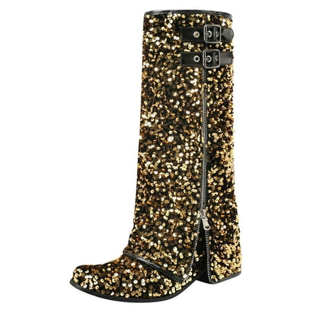 

DVKOVI Womens Shoes Dressy Casual Mid Calf Cowgirl Boots Women Mid Calf Boots Fashionable Sequins Autumn and Winter Boots Cool Zippers Low Heels Comfortable Shoes Heel Boots Gold 37