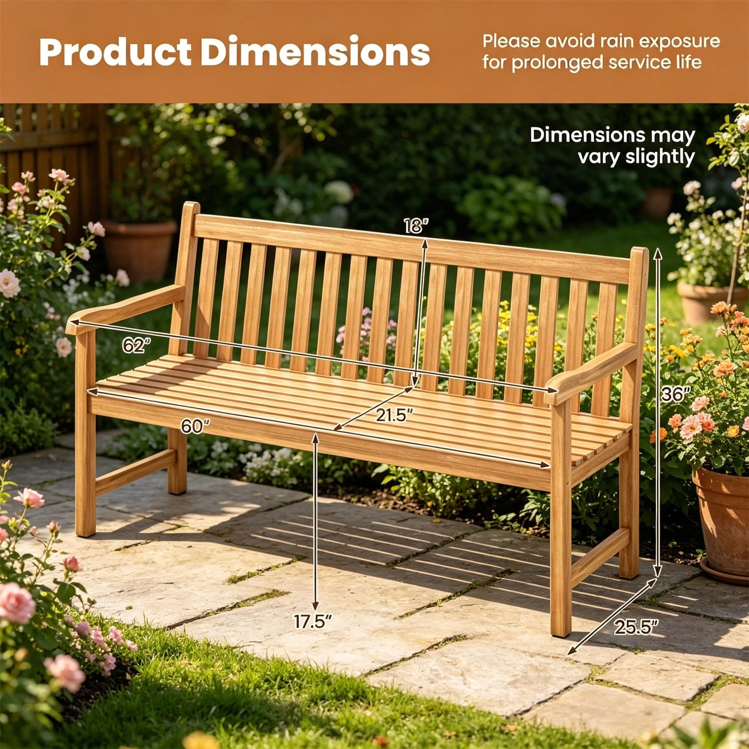 Hommoo 2-Person Patio Teak Wood Bench, Garden Slatted Loveseat Chair Bench Lounge with Armrests and Backrest for Backyard, Natural
