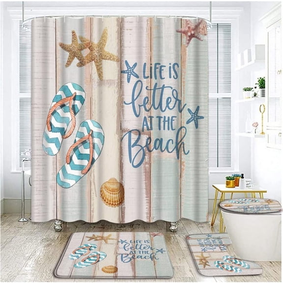 4 Piece Beach Shower Curtain Sets with Rugs, Toilet Lid Cover , Starfish Flip Flops and Life is Better at The Beach Word on Rustic Wooden Board Summer Coastal Bathroom Shower Curtain with 12 Hooks