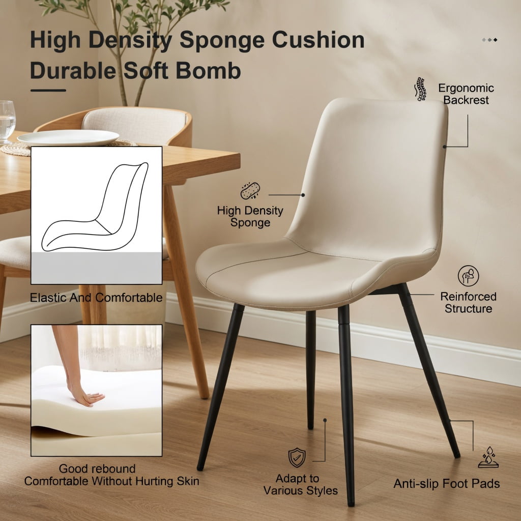 Hommoo Set of 4 Modern Faux Leather Dining Chairs with Black Metal Cross Legs, Curved Wide Cushion for Superior Comfort in Restaurants, Kitchens, Offices & Bedrooms, Light Gray