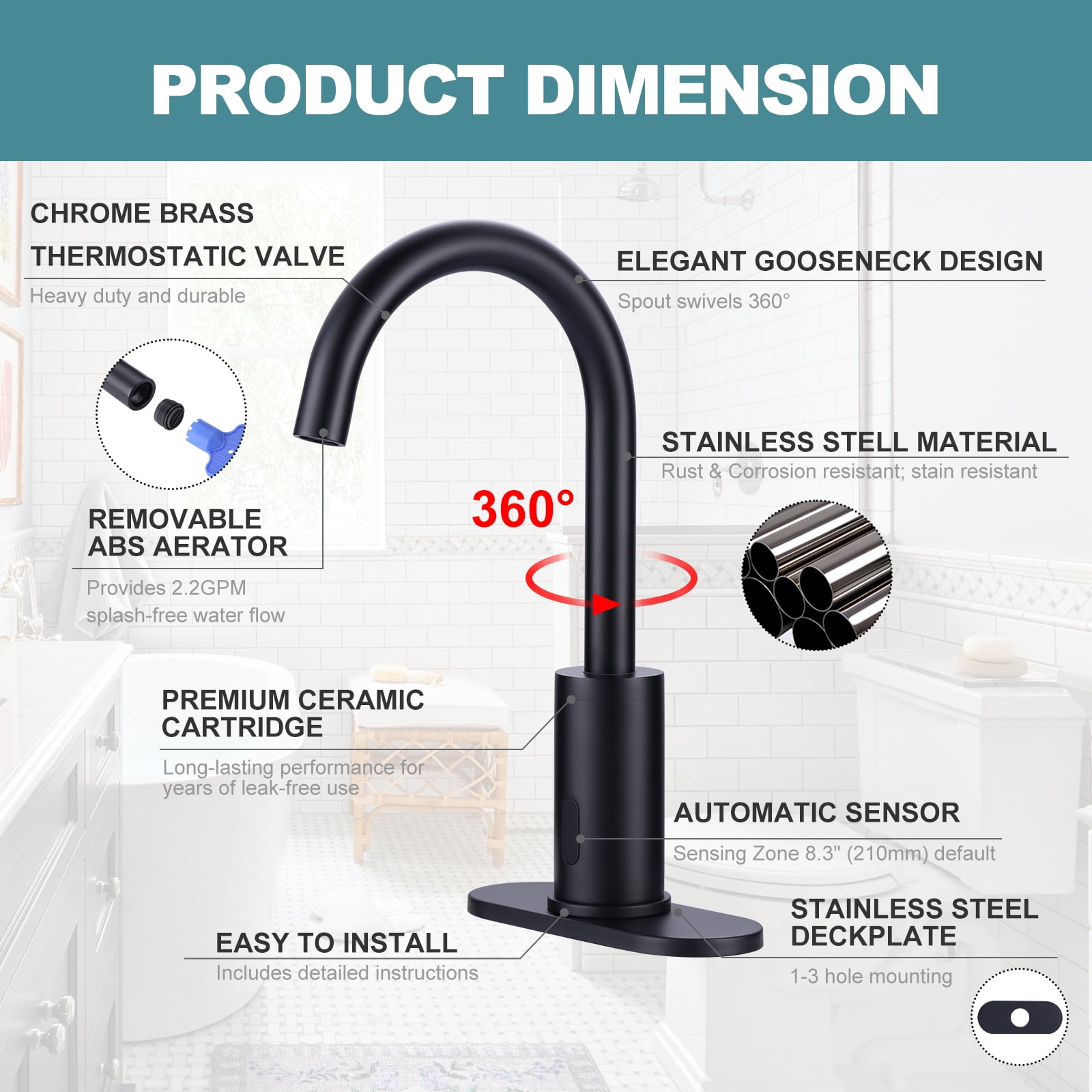 Wowow Touchless Bathroom Faucet - Tall Automatic Bathroom Sink Faucet with Single Hole, Control Box and Temperature Mixer for Vanity with Deck Plate, Matte Black