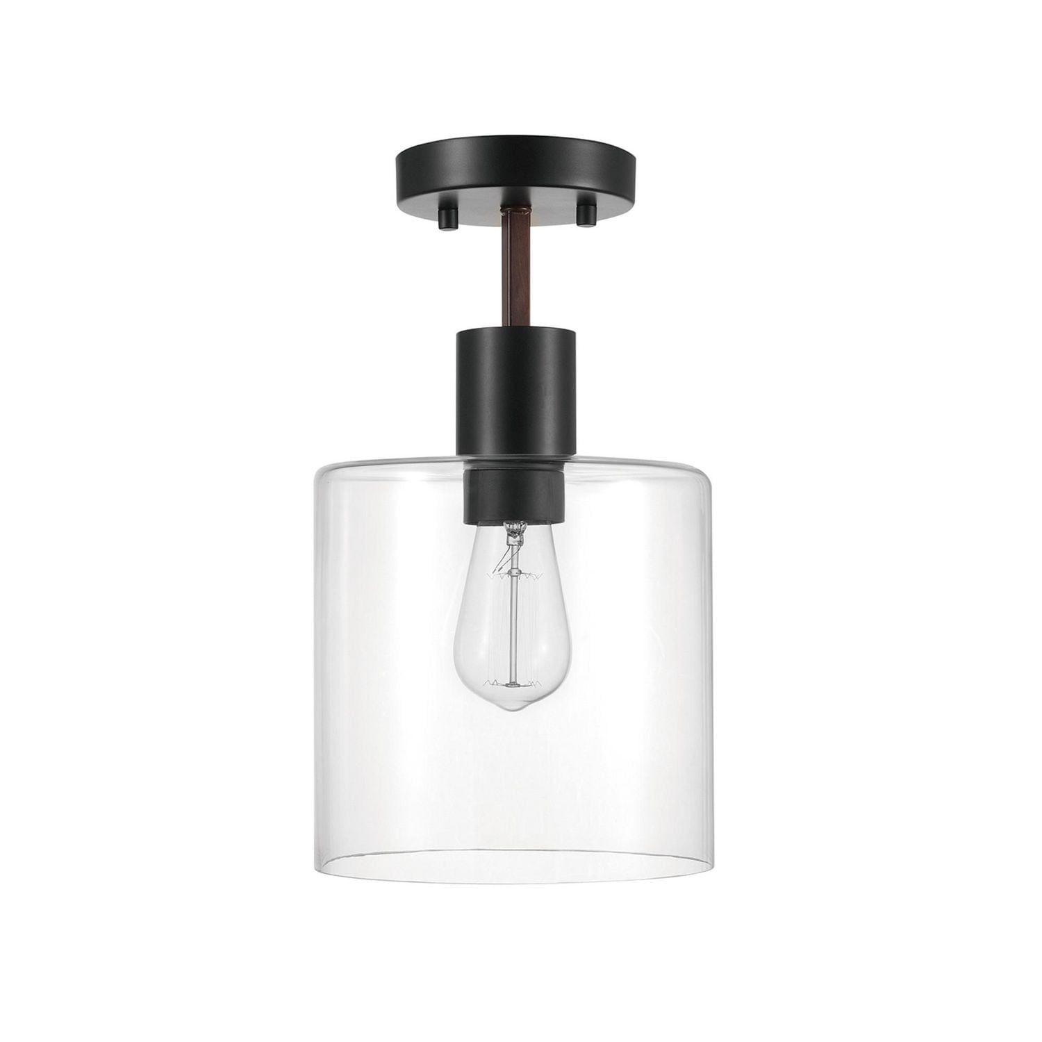 Globe Electric Sedona 1-Light Metal Flush Mount Ceiling Light, Matte Black, Faux Wood Accent, Clear Glass Shade, 60982