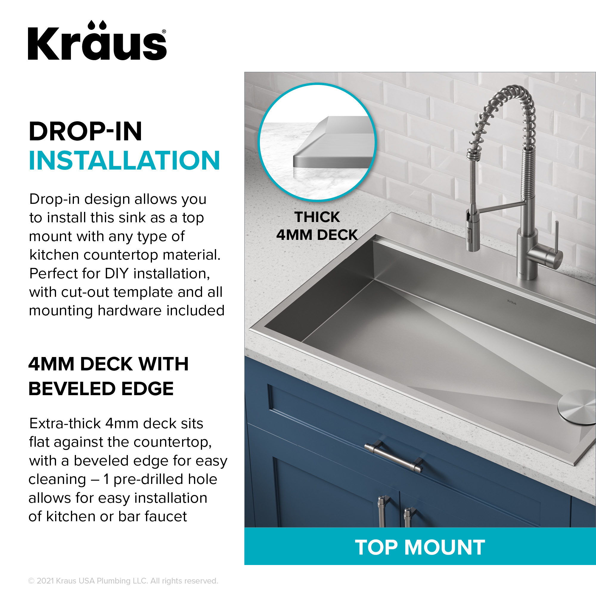 Kraus Kore ADA Workstation 33 Drop-In Topmount 16 Gauge Stainless Steel  Single Bowl Kitchen Sink with Accessories