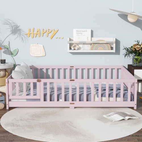 Bellemave Full Size Floor Bed with Door and Fence Floor Bed with Bed Slats Sturdy Wood Floor Bed Montessori Bed Frame (Full, Pink)