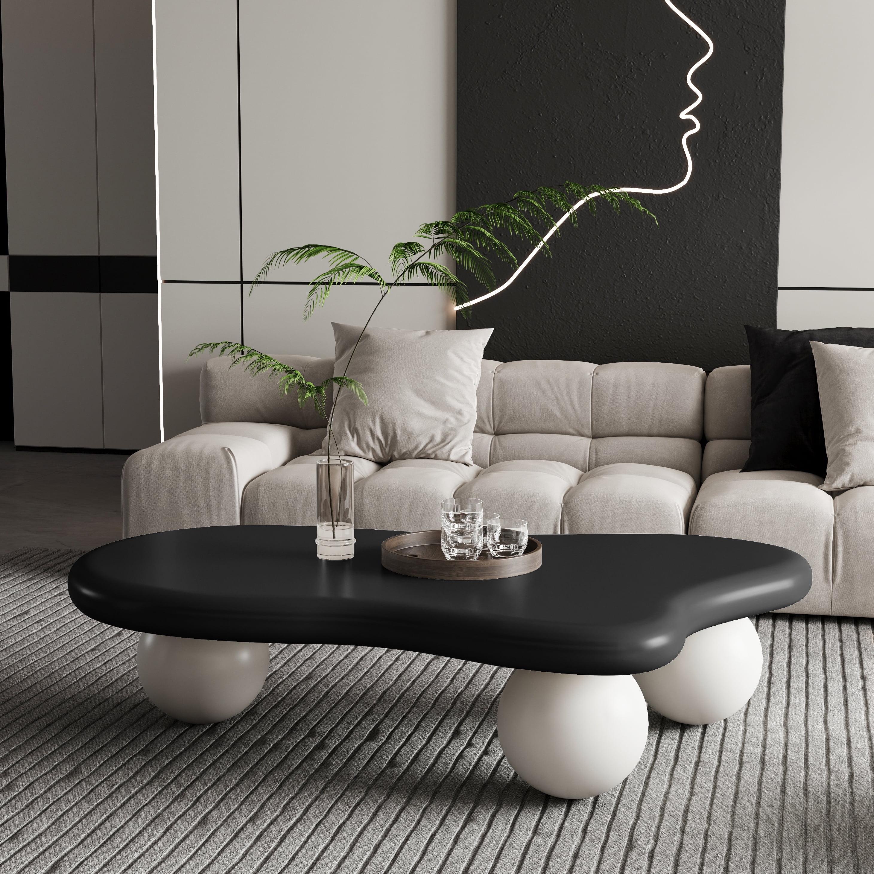 47 Inch Cloud Shaped Coffee Table with 3 Ball Legs for Living Room, Black Top White Legs